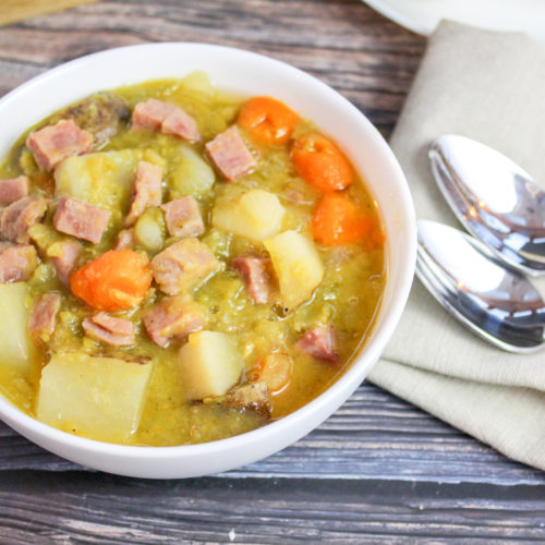 pea soup in a white bowl