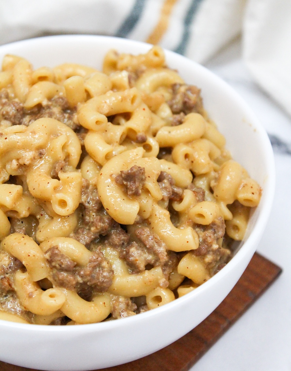 Instant Pot Cheesy Hamburger Helper in a white bowl