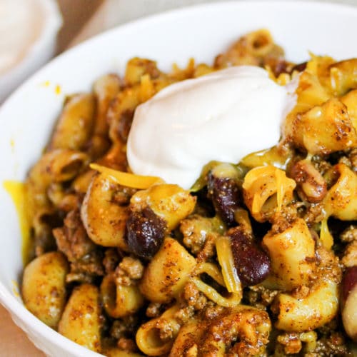 chili mac in a bowl