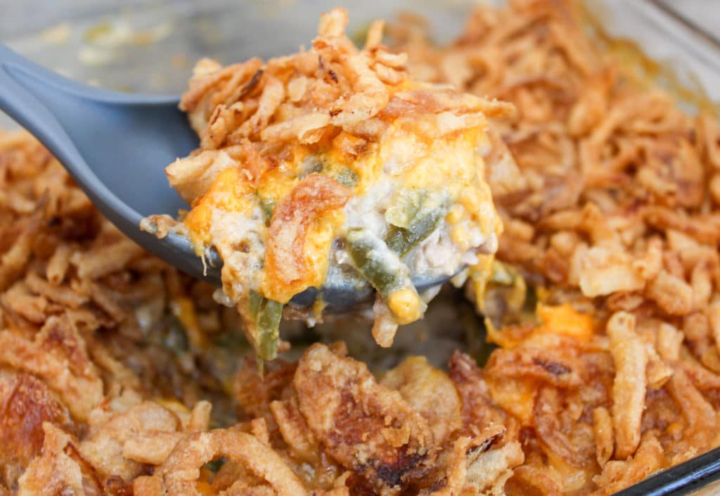 casserole on serving spoon