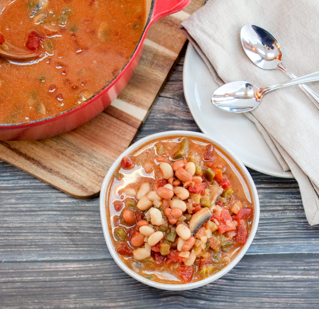 vegan bean soup in a white bowl