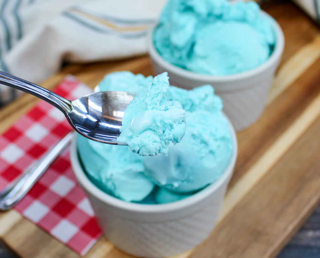 ice cream in a dish with a spoon