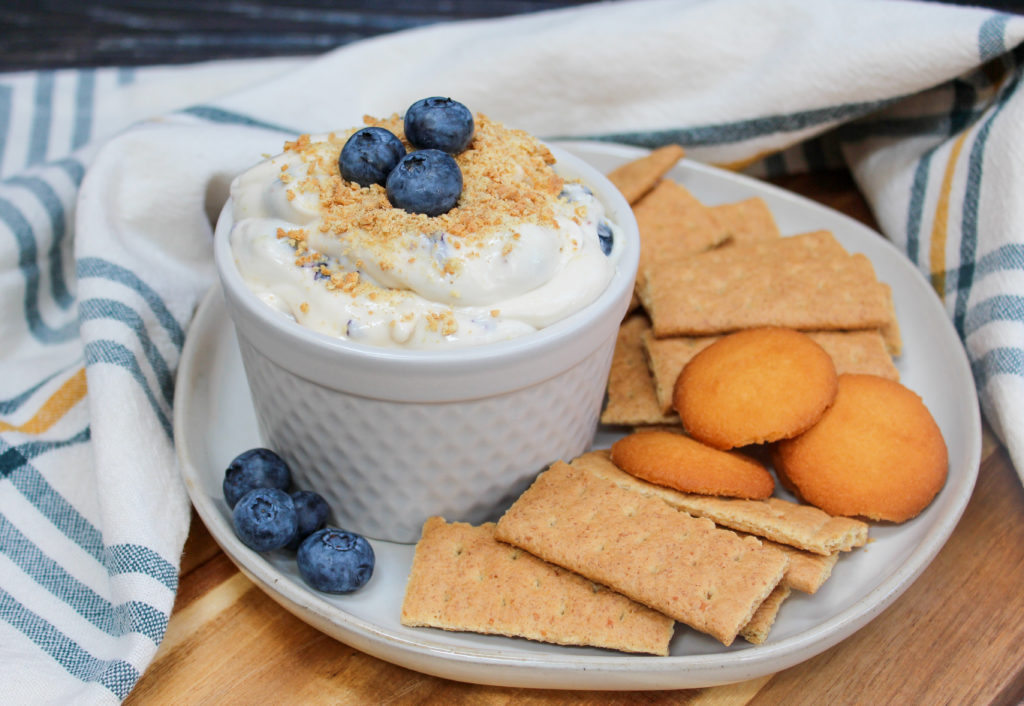 cheesecake dip in a white bowl
