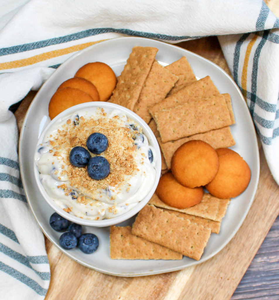 cheesecake dip in a white bowl