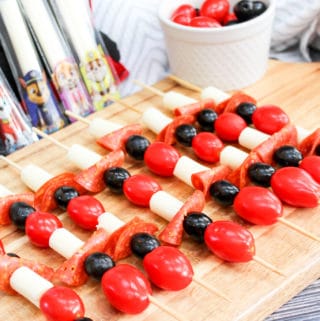 pizza skewers on a tray