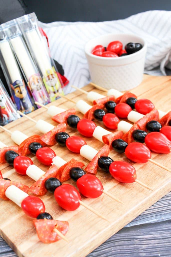 pizza skewers on a tray