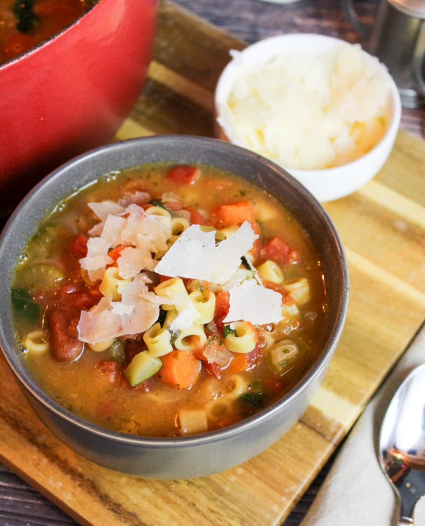 soup in a gray bowl