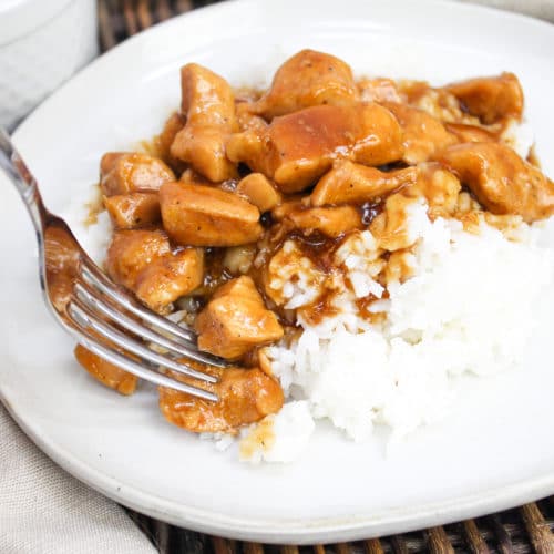 bourbon chicken on a fork