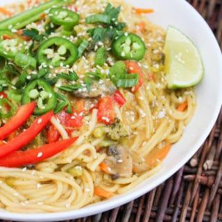 yellow curry noodle bowl in a bowl