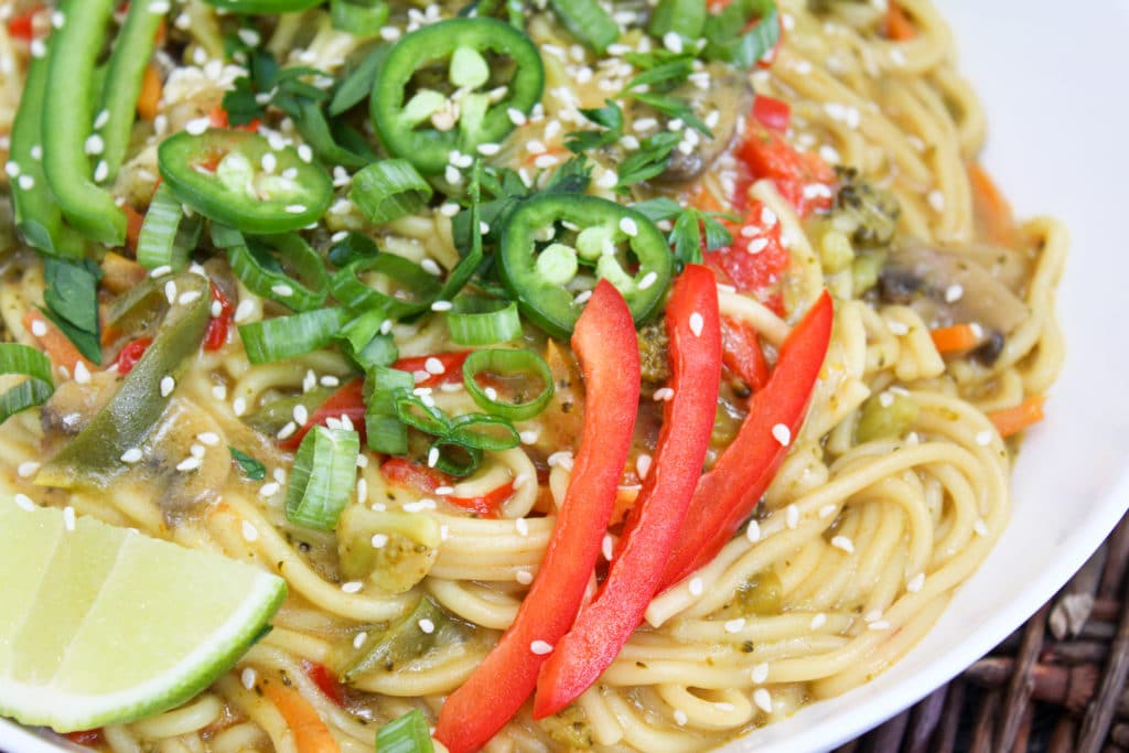 yellow curry noodle bowl in a bowl