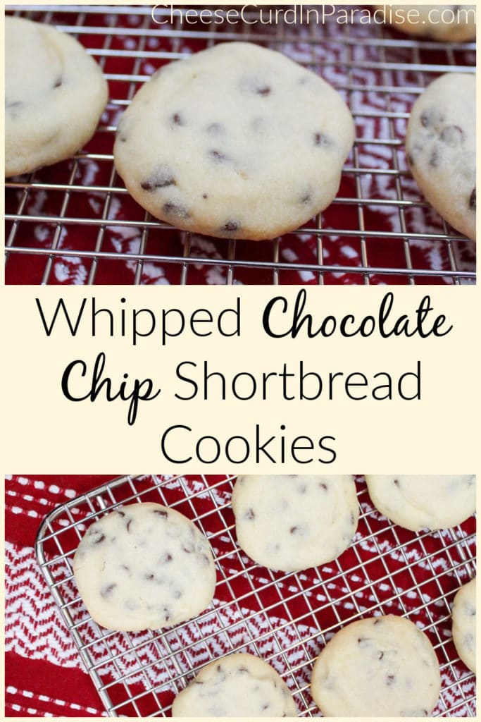 whipped chocolate chip shortbread cookies on a cooling wrack