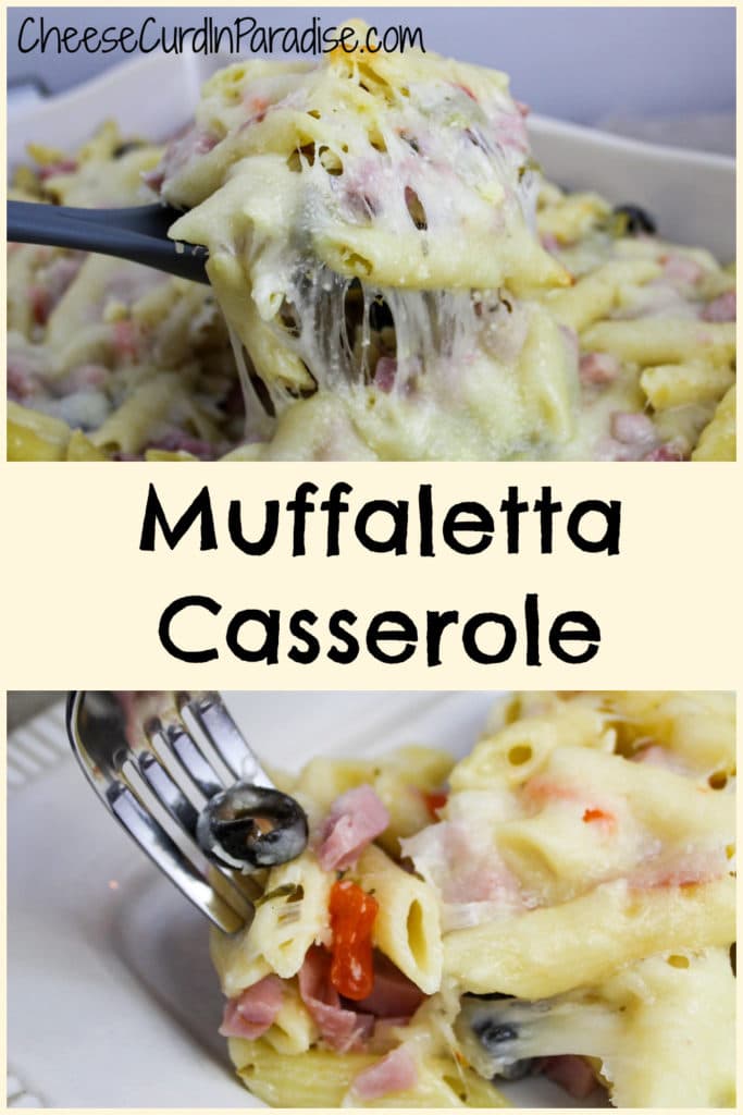 muffaletta casserole scooped from baking dish