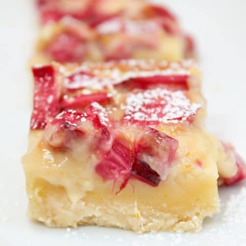 citrus rhubarb custard bars sliced and plated