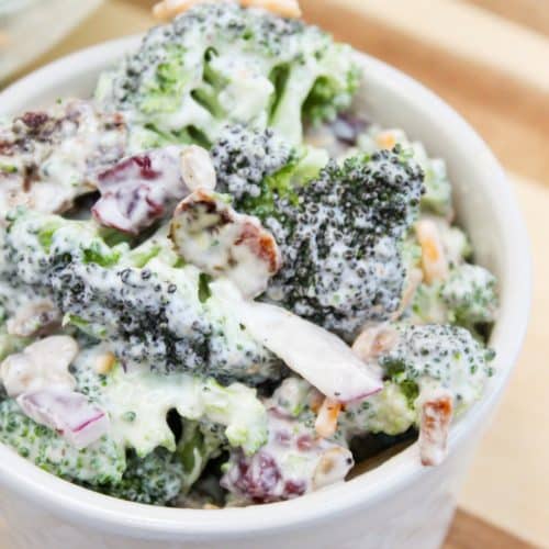 close photo of broccoli bacon salad