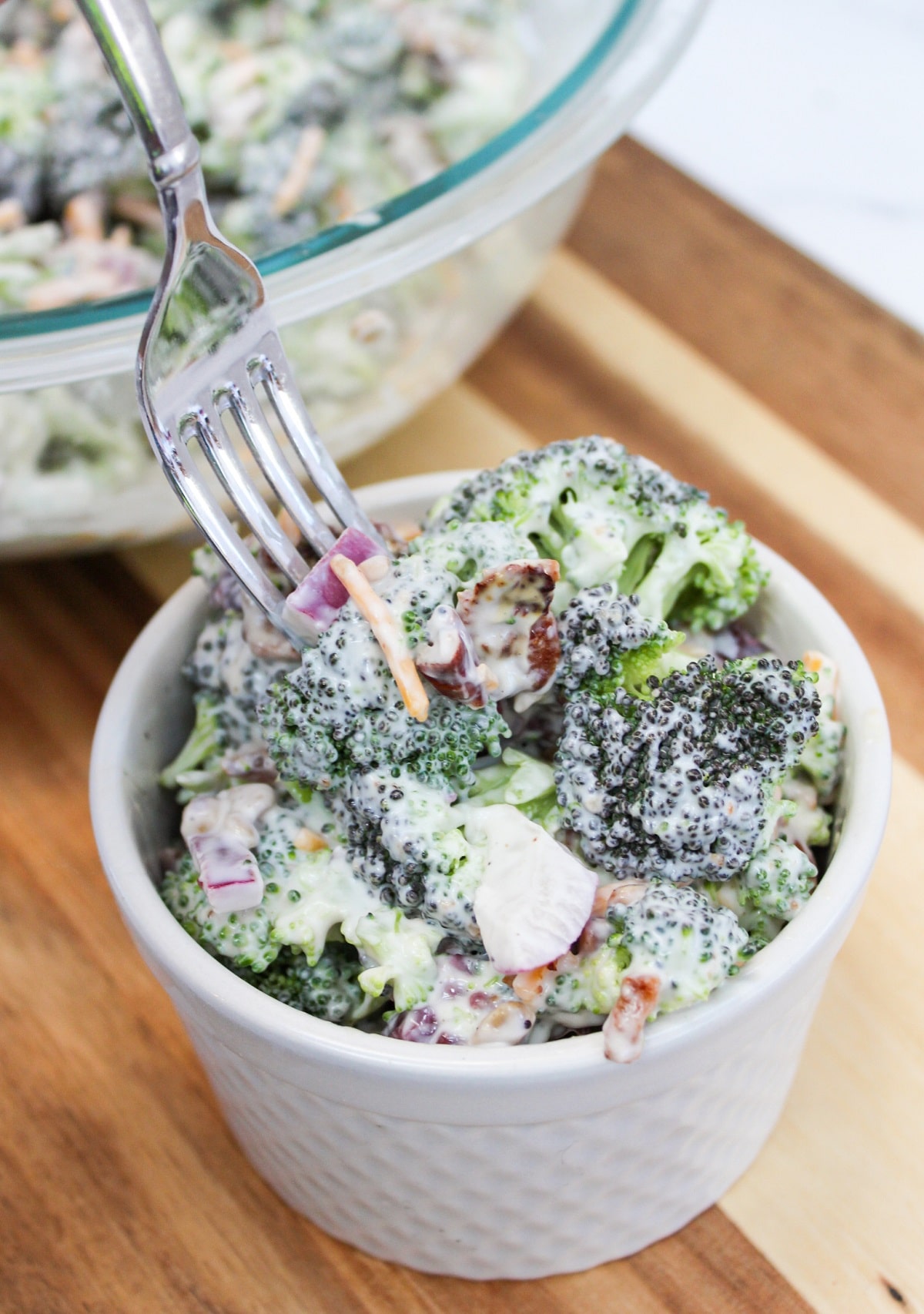 broccoli bacon salad in a bowl